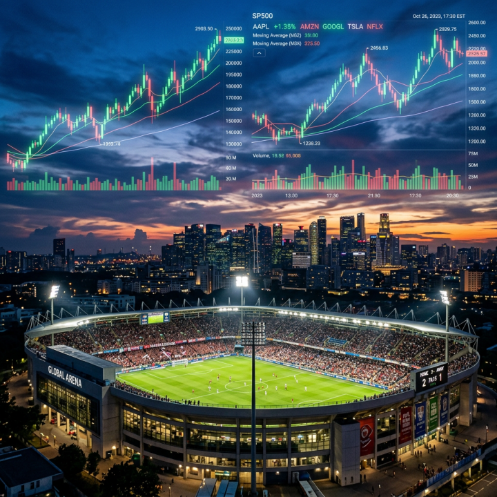 Soccer stadium filled with spectators during a game, with stock market charts above in the sky.